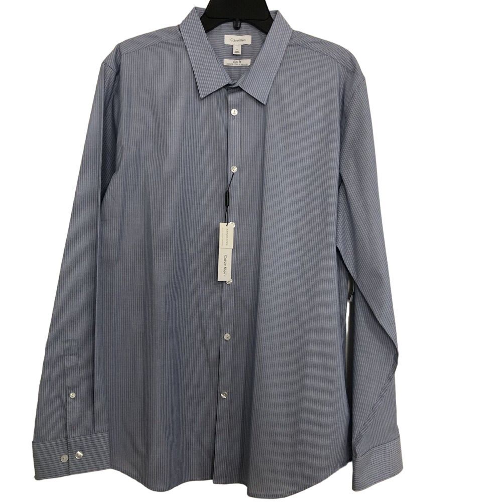 calvin klein‎ NWT Mens Button Down Shirt Infinite Cool Non Iron Blue Striped